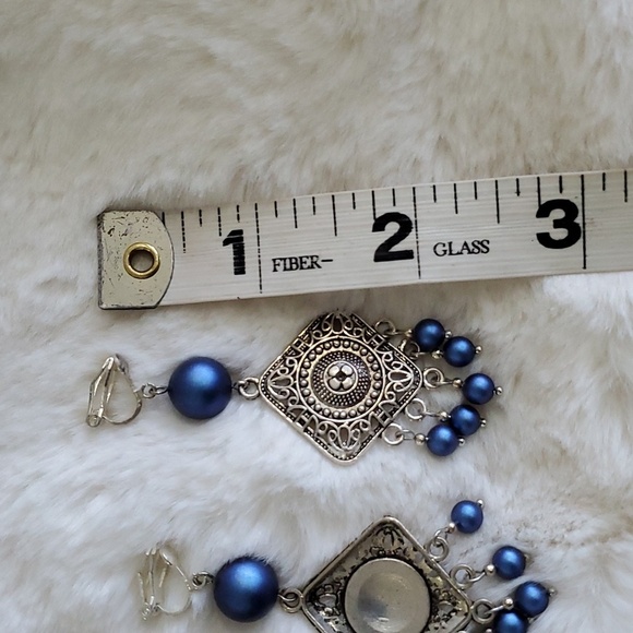 BLUE SILVER TONE CLIP ON DANGLE HANGING DROP EARRINGS BOHO COW… - Picture 3 of 6